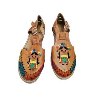 Mexican Leather Embroidered Colorful Artisanal Huaraches Sandals, Women's Size 7